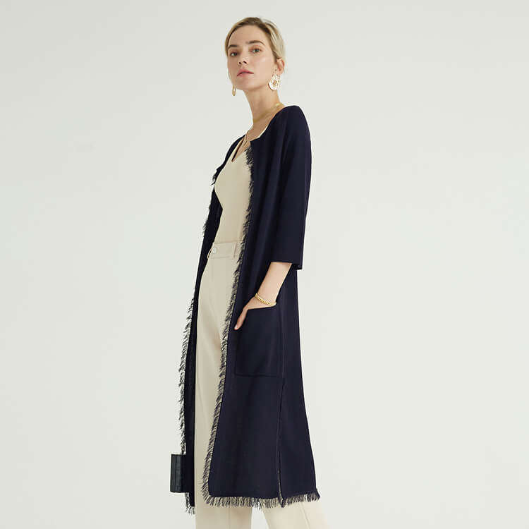 Strickwarenhersteller Navy Cotton Quaste Langer Baumwollpullover Custom Knit Strickjacke 