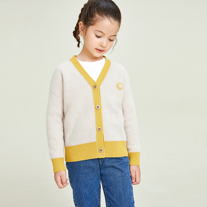 Gelbe Kontrastnähte Strickjacke mit V-Ausschnitt und langen Ärmeln für Mädchen