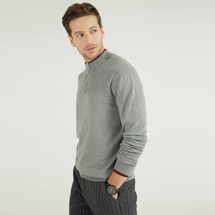 Pullover mit 1/4-Reißverschluss, gestrickt, einfache Kontrastfarbe, langärmliger Herrenpullover