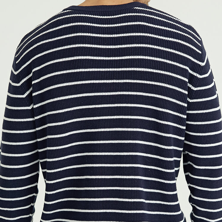 Benutzerdefinierte Herren 100 % Baumwolle Vintage Navy Weiß gestreifter Pullover mit Rundhalsausschnitt