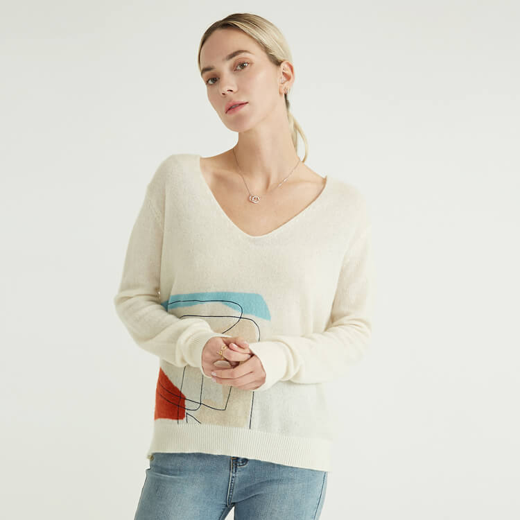 V-Ausschnitt, einfarbig, gestrickter Druck, einfacher Winter-Damen-Pullover