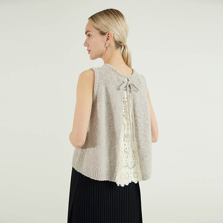 Damen-Weste Stilvolle graue Mohair-Pulloverweste mit Taschenrücken und doppelter Schnürung