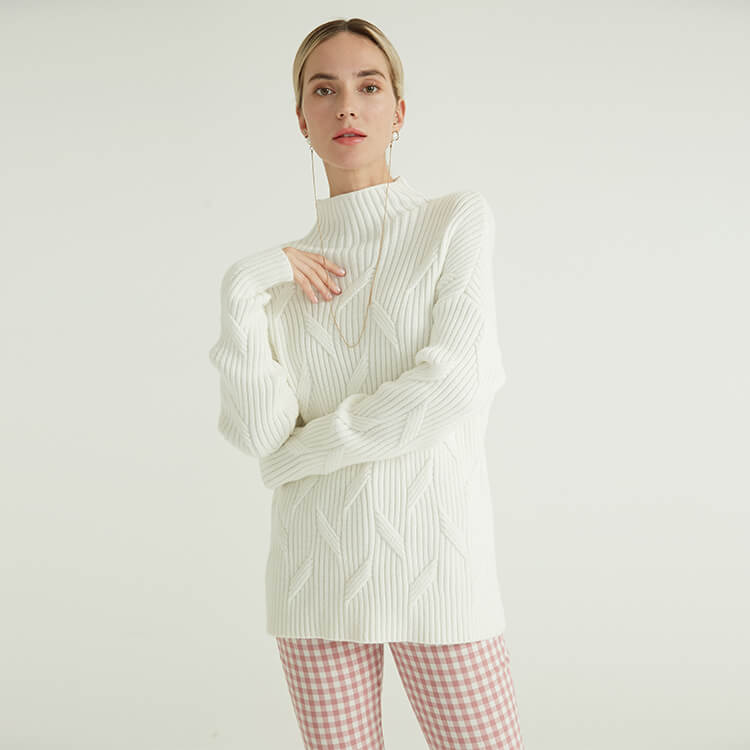 Factory White Long Sleeve High Collar Rib Chunky Damen Pullover für Frauen