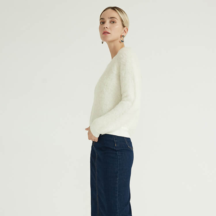 Solide Rundhalsausschnitt Mode lose beiläufige Pullover Mohair Häkelpullover Damen