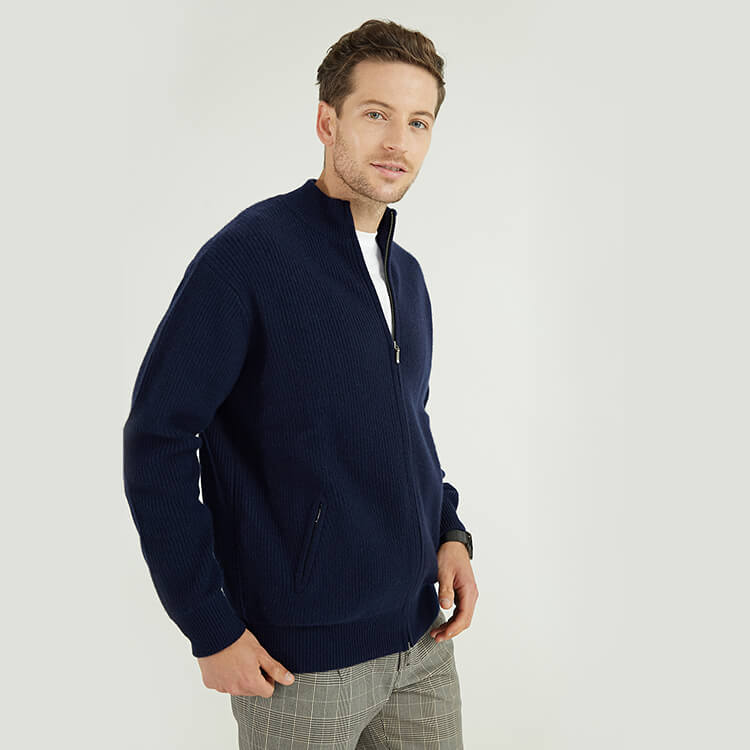 Benutzerdefinierte Mens 100 % Wolle Full Zip Up Marineblau Rippstrick Cardigan Jacke