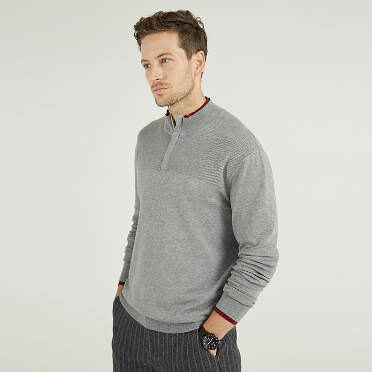 Benutzerdefinierte Herren-Pullover aus 100 % Baumwolle mit 1/4-Reißverschluss und geripptem Strick