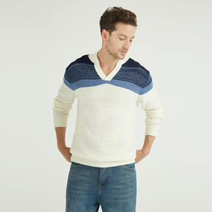 Herren 100% Kaschmir Fancy Strickpullover mit V-Ausschnitt, langen Ärmeln und Farbblock