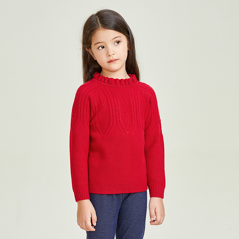 Spitze-Rundhals-Strick-Langarm-roter warmer Mädchen-Pullover-Pullover