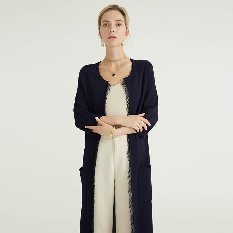 Strickwarenhersteller Navy Cotton Quaste Langer Baumwollpullover Custom Knit Strickjacke 