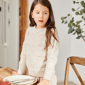 Doppellagiger gerippter Ausschnitt, gestrickter, langärmliger, einfacher Mode-Pullover für Mädchen